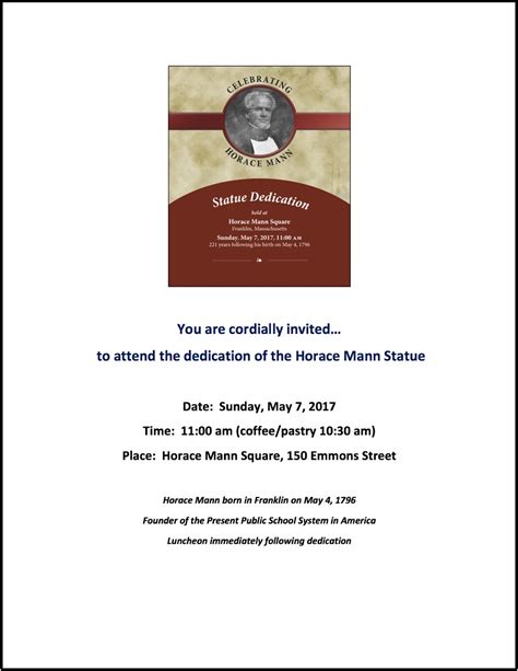 Franklin Downtown Partnership Youre Invited To The Horace Mann Statue