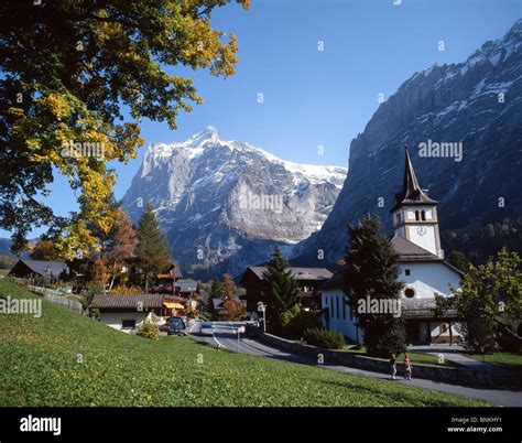 Switzerland Scenery Autumn Grindelwald Wetterhorn Church Trees Village