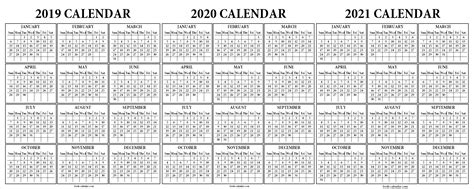 3 Year Calendar Printable 2019 2020 2021