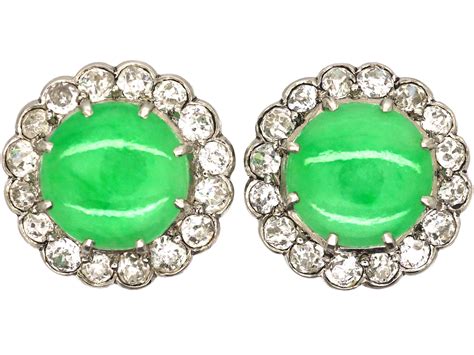 Art Deco 18ct White Gold Jade And Diamond Cluster Earrings In Original