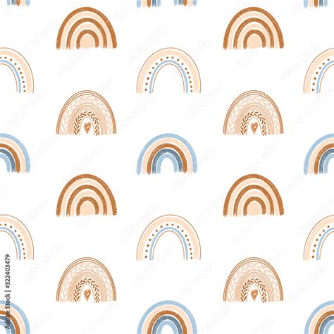 Seamless Pattern Of Hand Drawn Boho Rainbow In Pastel Blue And Neutral
