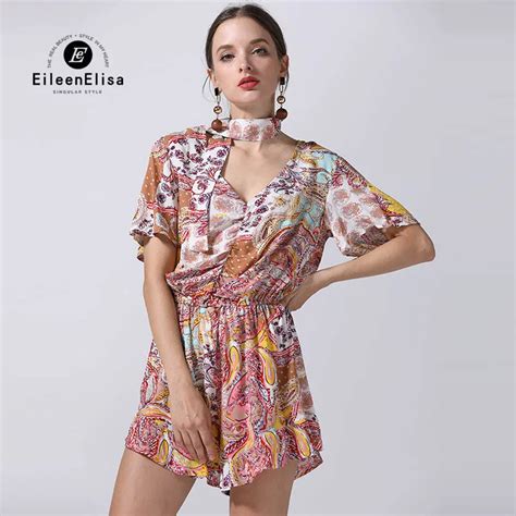summer playsuits women 2018 v neck playsuits short jumpsuit rompers loose printed casula