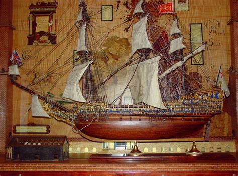 Handmade Ship Model With Display Case And Marquetry Map By The Wooden