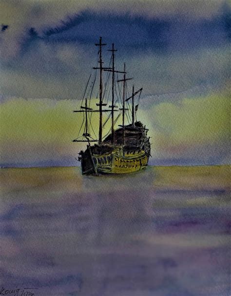 Watercolor Painting Ship Without Sailors Sailing Boat Etsy