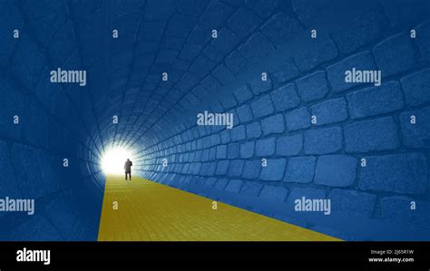 Concept Or Conceptual Blue And Yellow Tunnel The Ukrainian Flag Colors With A Bright Light At