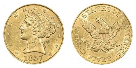 1857 Coronet Head Gold 5 Half Eagle Type 1 No Motto Liberty Head