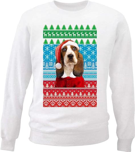 Teesquare1st Mens Christmas Basset Hound C White Sweatshirt Amazon
