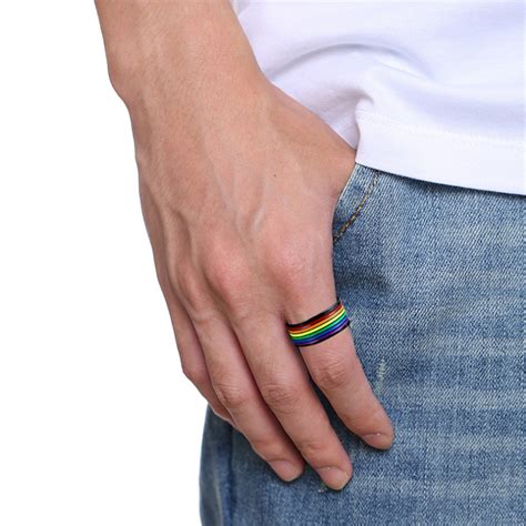 Men Stainless Steel Black Rainbow Color Ring Band Pride Gay Rings