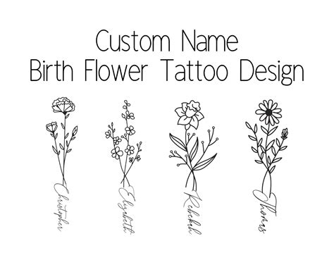 Custom Name Birth Flower Tattoo Design Fine Line Tattoo T Etsy