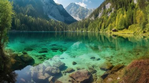 Premium AI Image A Lake Surrounded By Mountains And Trees