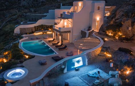 Wallpaper Villa The Evening Pool Greece Lighting Architecture
