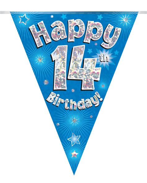 Party Bunting Happy 14th Birthday Blue Holographic 11 Flags 39m