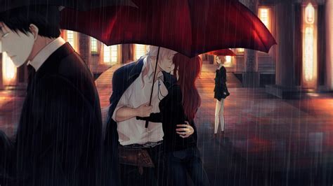 Desktop Wallpaper Rain Couple Anime Kiss Umbrella Original Hd Image Picture Background