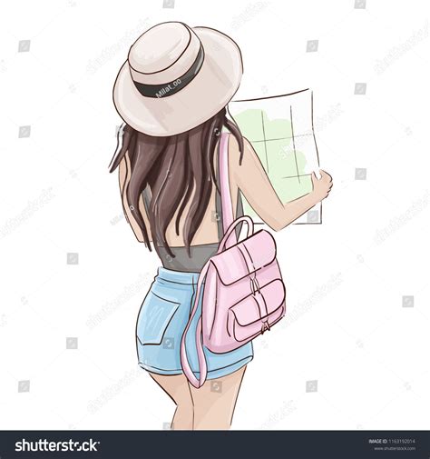 Summer Tourist Illustration Vector Traveller Girl Holding Map Glamour