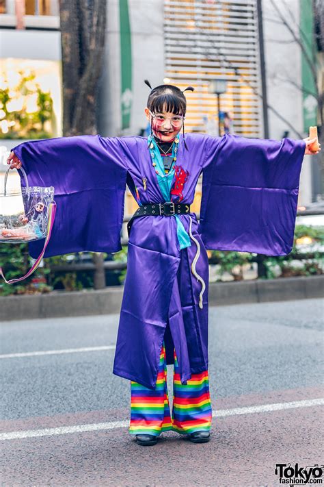 Kobinai Kimono Japanese Street Style W Shaved Hairstyle Rainbow Pants