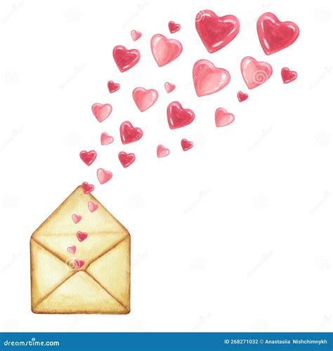 Beautiful Open Envelope With Pink Red Hearts Hand Drawn Watercolor