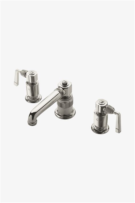 discover r w atlas low profile three hole wall mounted lavatory faucet with metal lever handles