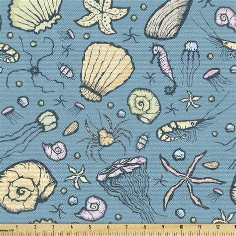 Under The Sea Fabric By The Yard Summer Beach Theme With Hand Drawn