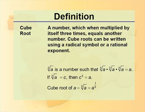 A cube root of a number x is a number a such that a3 = x. Definition--Cube Root | Media4Math
