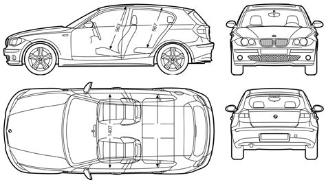 Welcome to car blueprints, one of the most popular and largest online reference of car blueprints, car drawings. 2004 BMW 1-Series E87 Hatchback blueprints free - Outlines