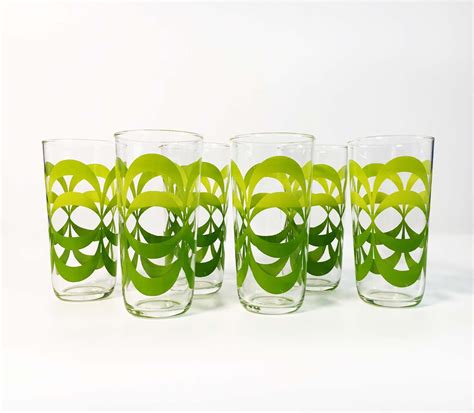 Set Of 6 Vintage Libbey Green Design Tumbler Glasses Green Colored Geometric Design Drinking