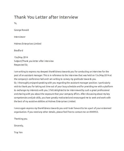 I appreciate the time you took out of your schedule to meet with me and discuss the details of the position. FREE 9+ Sample Interview Thank You Letter Templates in MS ...