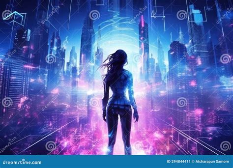 Creative Poster Collage Of Cyberpunk Neon Blue Pink City Light Female