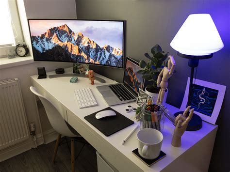Desk Setup Ultrawide Curved Monitor Macbook Computer Desk Setup Desk