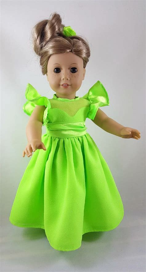 18 inch doll princess style long gown is made of lime green sparkly sheer over polyester satin
