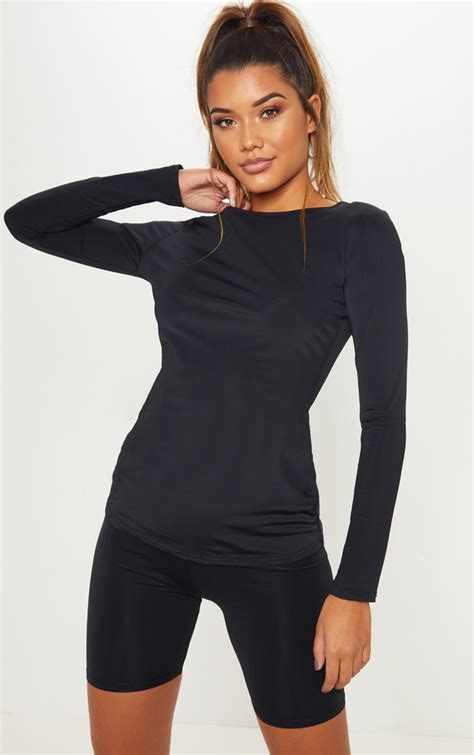 Black Basic Long Sleeve Gym Top Active Prettylittlething Ie
