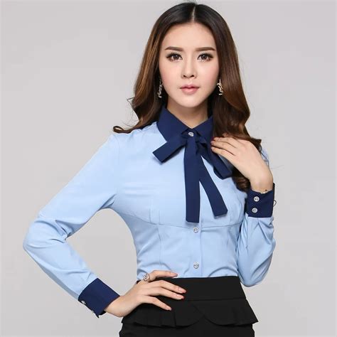 New 2015 Spring Autumn Formal Female Blue Shirts Women Long Sleeve Work