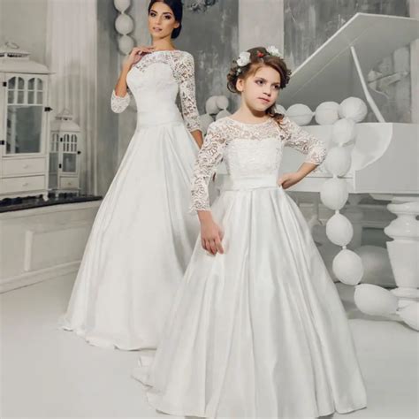 Long Sleeve Flower Girls Dresses For Wedding A Line Long Prom Dress Lace Dresses For 12 Years