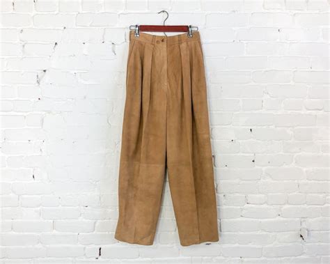 1980s Brown Suede Leather Pants 80s Tan Suede Pleat Gem