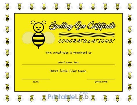 Printable Spelling Bee Certificate Sample In Yellow Laser With Regard