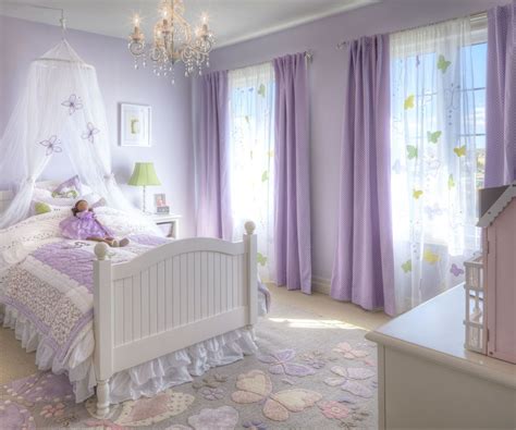 Darling Lavender Childs Bedroom With Chandelier And Bright Windows