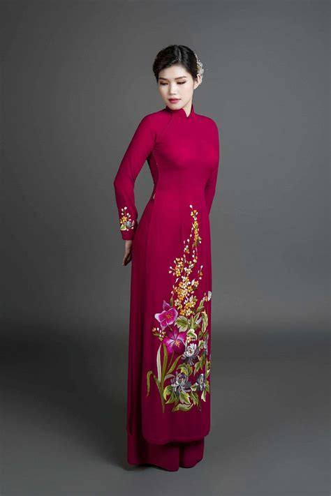 Custom Ao Dai Vietnamese Traditional Dress In Burgundy Silk With Stun