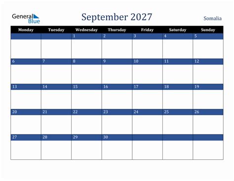 September 2027 Somalia Holiday Calendar