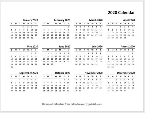 Printable Calendar 2020 Yearly Calendar Template Daily Calendar