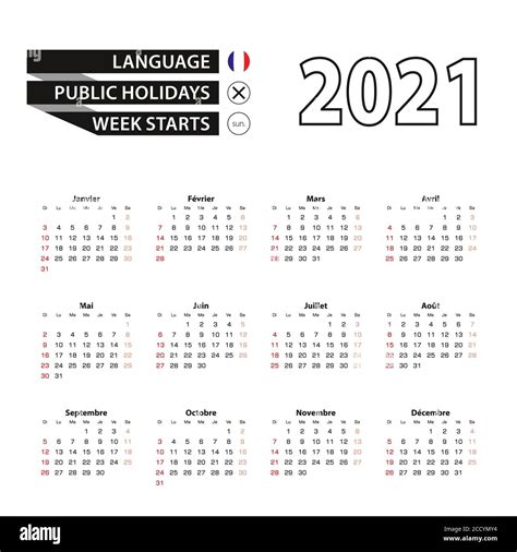 Calendario 2021 En Lengua Francesa La Semana Comienza El Domingo Ilustración Vectorial Imagen