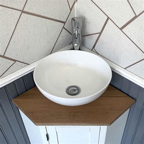 Cloakroom Corner Bathroom Vanity White Unit Oak Top Ceramic Basin Ebay
