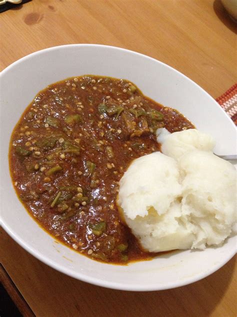 Nigerian Okra Soup And Fufu Pounded Yam West African Food Food