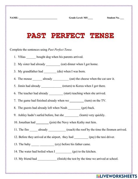 Past Perfect Tense Vs Past Simple Worksheet Live Worksheets