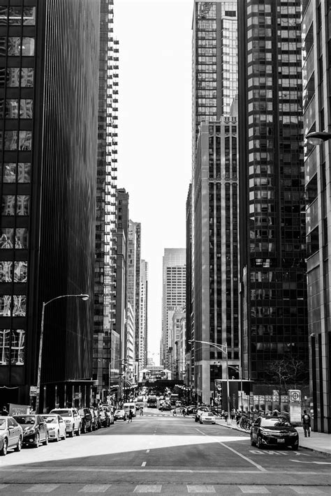 City Grayscale Photo Of Road In Between Of Tall Buildings With Vehicles