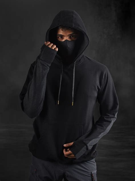 Black And Charcoal Grey Unisex Hoodie With Built In Face Mask Bombay
