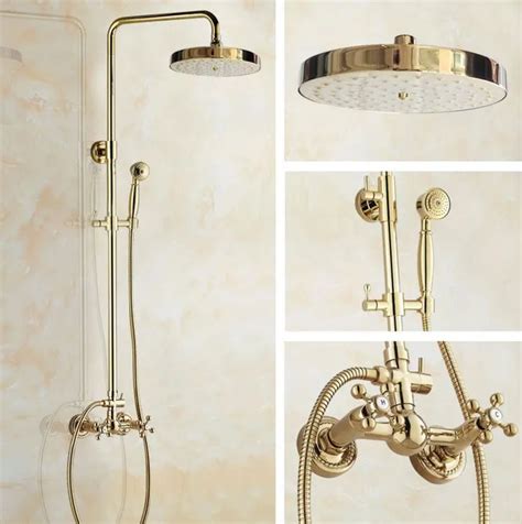 Luxury Golden Brass Wall Mounted Bathroom Rainfall Shower Faucet Set Mixer Tap Hand Shower