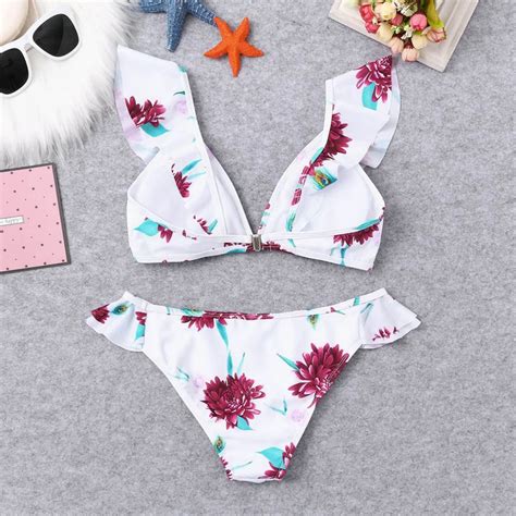 Womail Split Swimwear Women Floral Print Bikini Set Ruffles Swimming