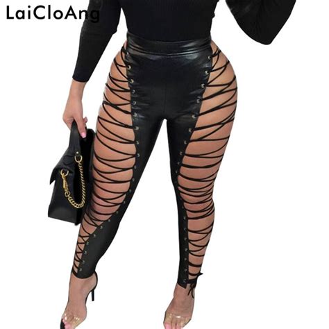 laicloang high waist lace up pu leather sexy women pants hollow out bandage skinny summer pants