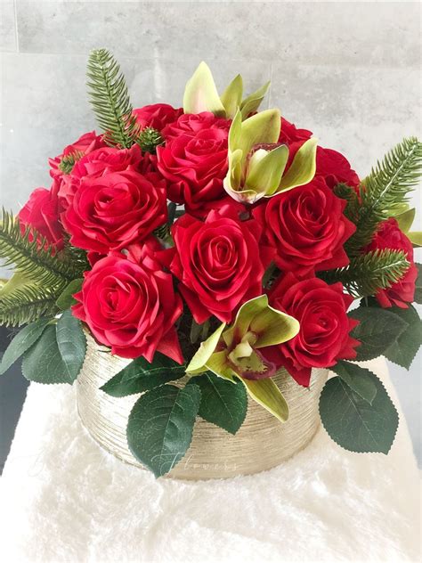 Christmas Real Touch Red Roses Arrangement Gold Vase Floral Etsy