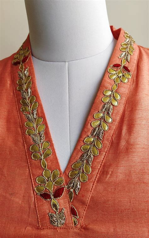 Peach Gota Patti V Neck Kurta Neck Designs Embroidery Neck Designs