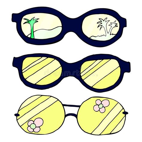 Set Of Hand Drawn Cute Cartoon Glasses And Sunglasses Of Various Colours And Shapes Stock Vector